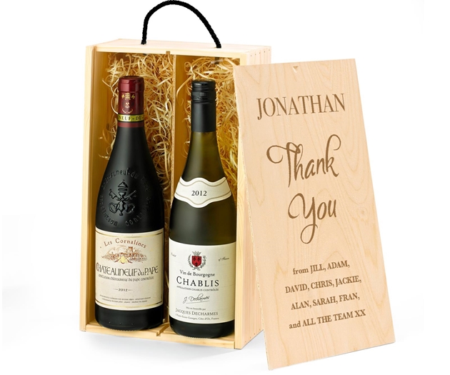 Retirement Premium French Red & White Wine Gift Box With Engraved Personalised Lid